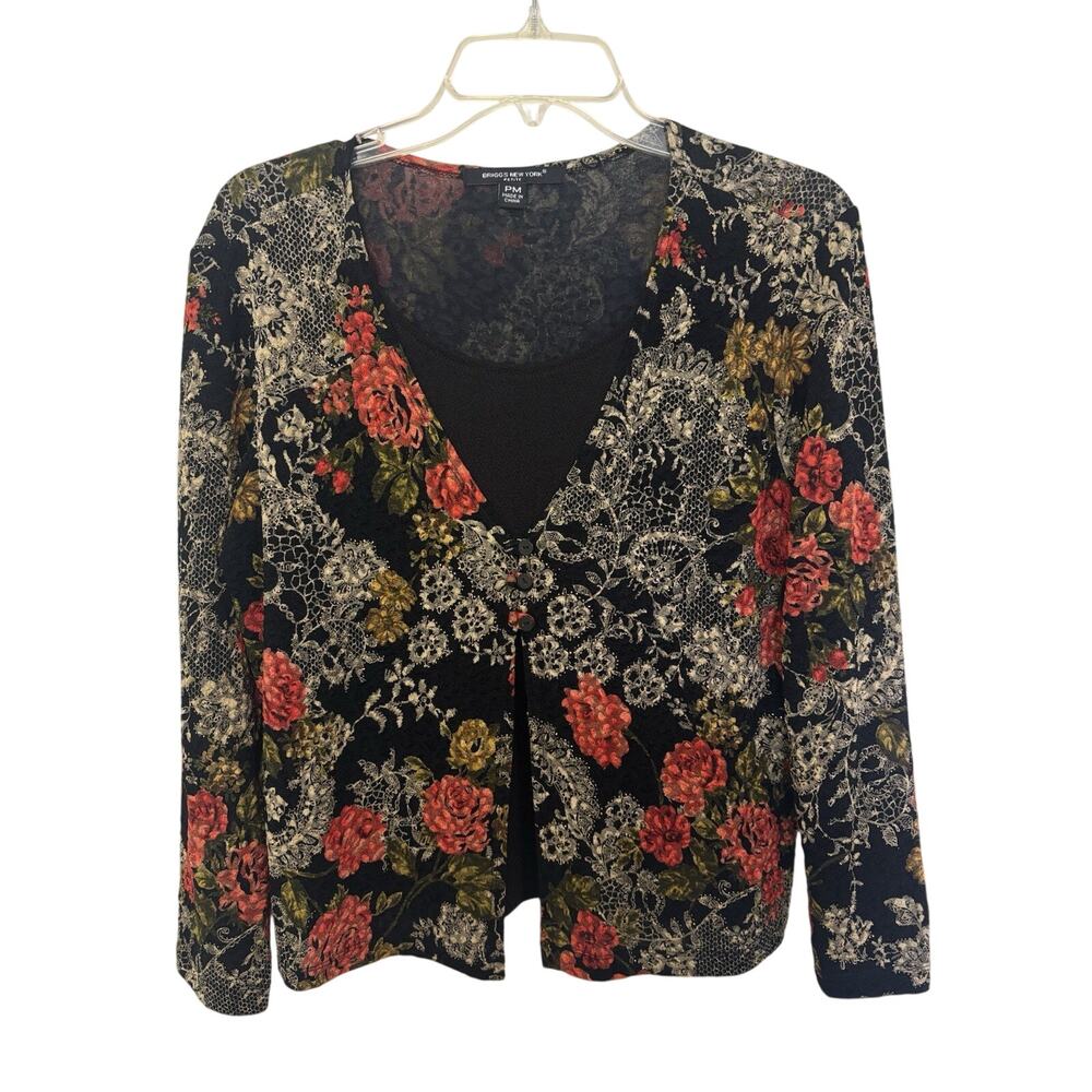 Vintage 90s Y2K Dark Floral Layered Look Lace Cardigan Top PM Romantic